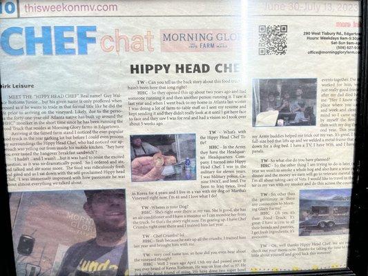 News article about the Hippie Head Chef