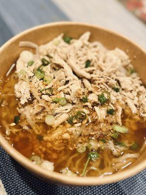 Pho noodle, Vietnamese Pho broth, chicken, Korean sprouts, scallions, crushed peanuts and fried garlic. So Good! So comforting!
