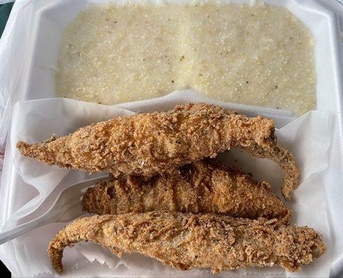 Fried white fish and smooth grits