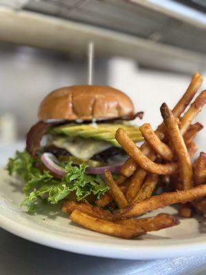 Bacon avocado burger, seasoned fries