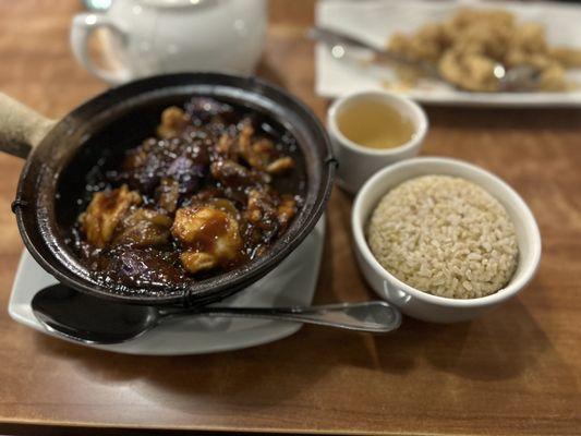 Home Style Trio w/Eggplant in Clay Pot Salt & Pepper Squid