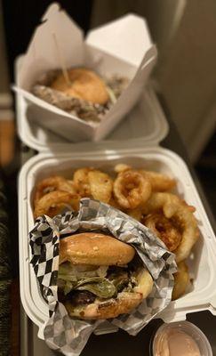 Jalapeño burger (it sort of deconstructed) , onion rings - both delicious