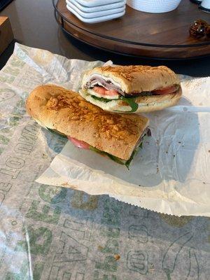 Turkey, ham, and roast beef with custom veggies on Italian herb and cheese footling. Sweet onion teriyaki sauce.