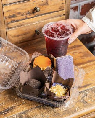 Ube Truffle, Ube Leche Flan, Ube Butter Bar, Ube Cheesecake, Hibiscus Calamansi Drink