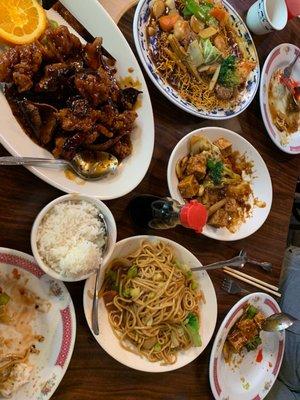 Orange chicken, vegie chow mein, Happy Family, Tofu Family Style