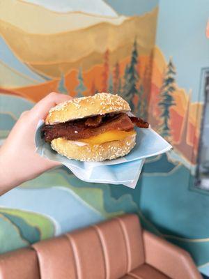 Bacon, egg, and cheese on sesame bagel