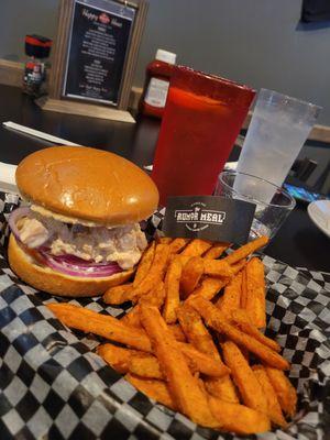 Shrimp salad (no lettuce) on brioche, sweet potato fries, double Hendricks neat, and lemon water on the rocks.