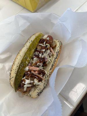 Charlie Dog, (pulled pork, slaw, bbq sauce) with or without pickle!