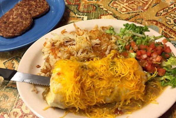 Smothered Breakfast Burrito with Bacon Eggs & Sausage Side