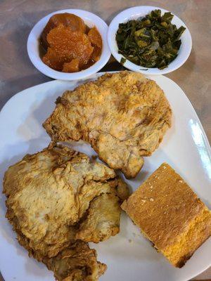 Fried pork chops, corn bread, yams & collard greens