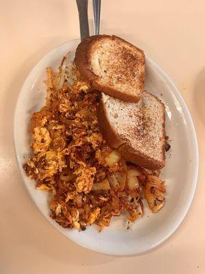 #2, Chorizo and eggs with onions, hash brown, and toast.