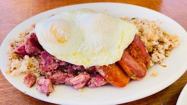 Filipino breakfast - comes with tocino brisket, langonisa, eggs and fried rice.