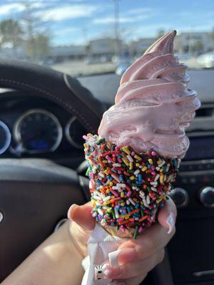 Chocolate & strawberry swirl in a rainbow fancy cone.