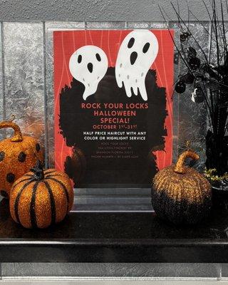 Spooky season just got sweeter! From October 1st-31st, enjoy HALF OFF haircuts with any color or highlight service at Rock Your Locks.