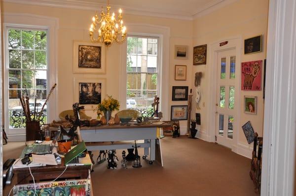 Paintings, sculptures, pottery and jewelry.