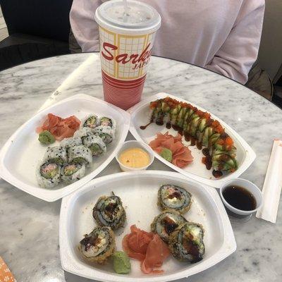 Green dragon roll, Cali tool, shrimp tempura Roll