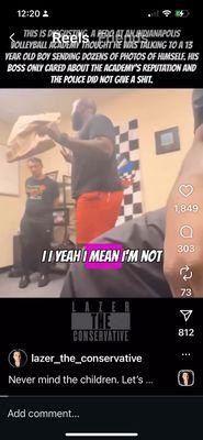 Coach in background with dark shirt and pants being confronted by man who catches predators.