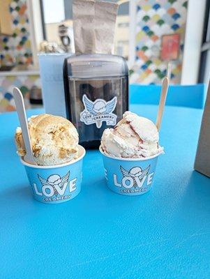 Goat cheese and honey on the left, lemon curd raspberry on the right.