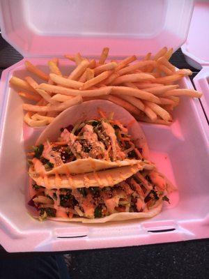 Korean chicken taco and salt and vinegar French fries