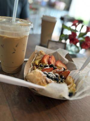 Custard fruit pastry and iced coffee