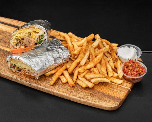 Chicken Burrito!
Sliced chicken shawarma topped with garlic sauce, pickles, rice and cheese