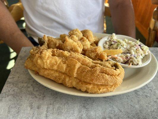 Huge flounder, amazing shrimp, fries and Cole slaw.