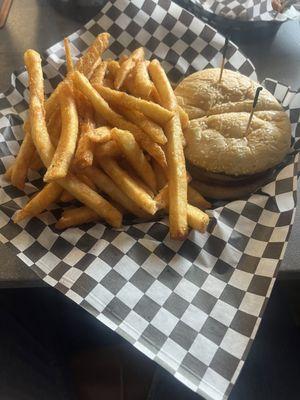 Cheese burgers and fries made with 100% local grass fed beef.