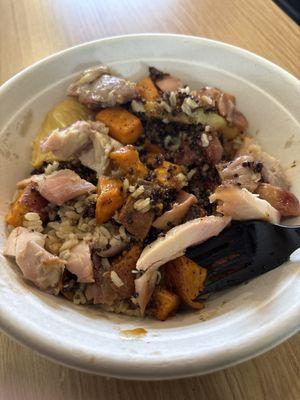 Rice, quinoa, glazed, pineapple, sweet potatoes, and roasted chicken
