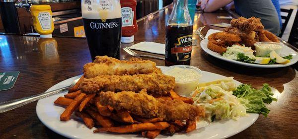 Fish n Chips (sweet potato) and onion rings on the right