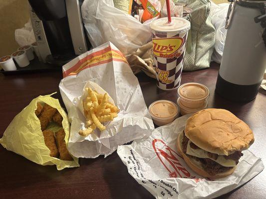 Burger, fries, shake, mozzarella sticks