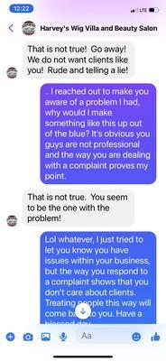 Screenshot of response from store when I tried to explain what had happened at the salon.