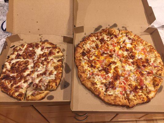 Large- Chicken Club Pizza and bacon cheese bread. Very tasty!