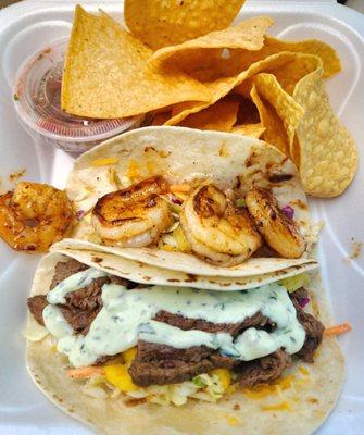 Grilled shrimp & steak tacos with chips & salsa, $14. The salsa was fresh but bland. The tacos were ok.