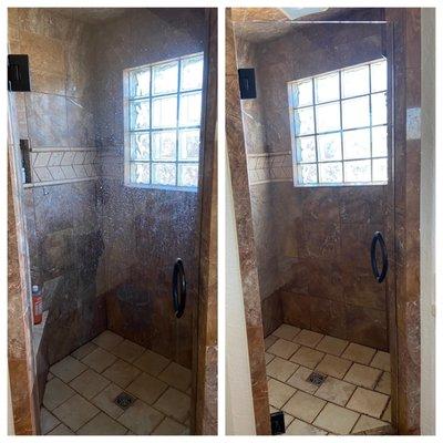 I just have to show off these before and after pics of this shower.
Look at those doors!! No more water spots!