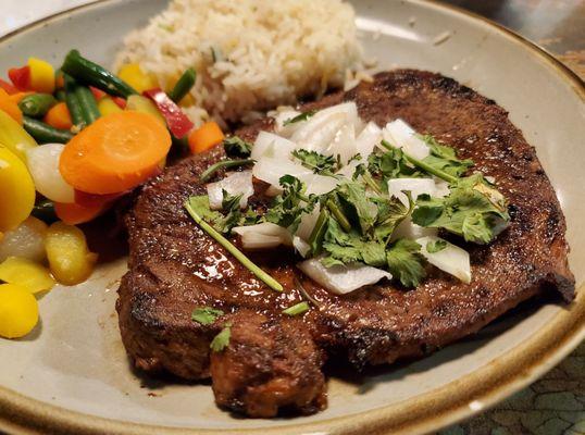 Medium Rare Steak with rice and veggies