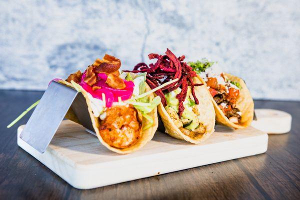 Shrimp, Veggie and Steak Tacos