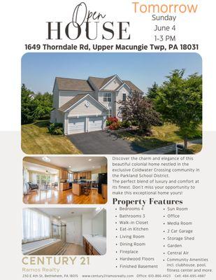Open House Tomorrow
June 4
1-3 PM
1649 Thorndale Rd, Upper Macungie Township, PA 18031