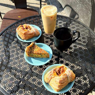 Pumpkin spice latte, drip coffee, some of the most incredible danishes and a slice of quiche !!