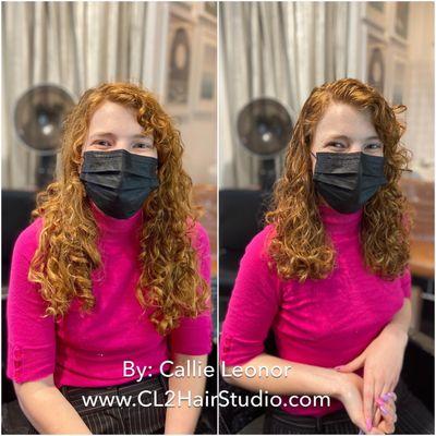 Before and after photo of a our lovely client that just wanted a healthy clean up for her curls to have more bounce and less frizz.