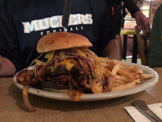 Holy Comstock Overload Burger! (Hold Ranch Style with melty cheese and grilled onions!)