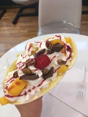 Mango raspberry crepe