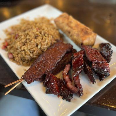 Combo plate (boneless ribs and beef teriyaki with pork fried rice) and an egg roll added on
