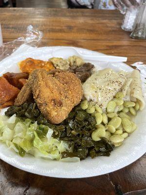 Fried Chicken, Chicken n' Dumplings, Lima Beans, Collards, Cabbage, Yams, Mac & Cheese, Stew Beef, Dressing (whoo! I know right? Yum Yum)