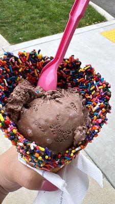 Single scoop, chocolate ice cream on a sprinkle cone