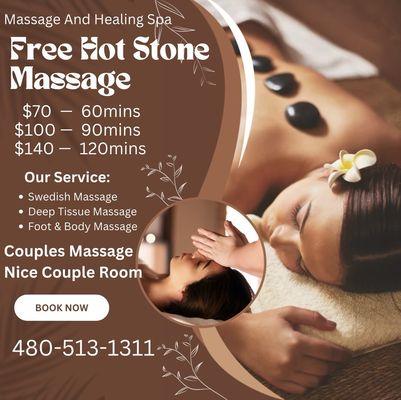 Deep tissue massage and Swedish massage Make an appointment Free hot stone massage.