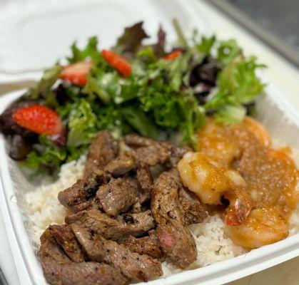 Steak & garlic shrimp with strawberry salad