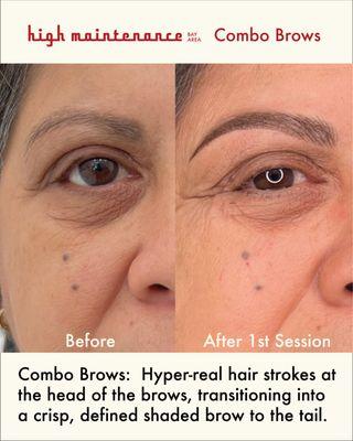 Combo Brows: Hyper-real hair nano strokes at the head of the brows, transitioning into a crisp, defined shaded brow to the tail
