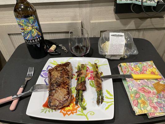 Steak, asparagus & wine and cake. All purchased from Striplings.
