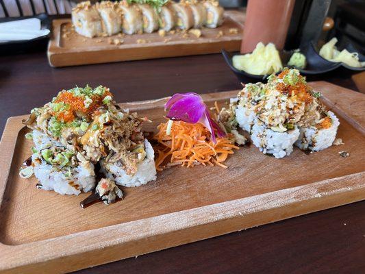 El Sancho Roll - spicy crab and shrimp, cucumber, avocado, garlic crab & mushrooms, masago and scallions