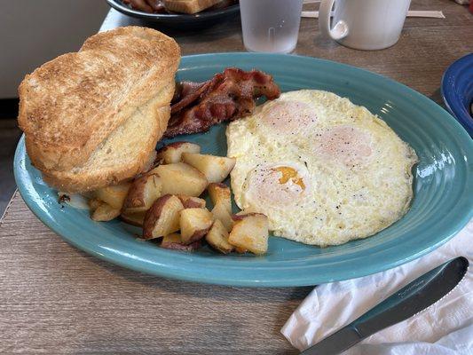 Imperial Platter (2/2): 3 Eggs Over Easy, 2 Sausage Links, 2 Strips of Bacon, Home Fries, Italian Toast